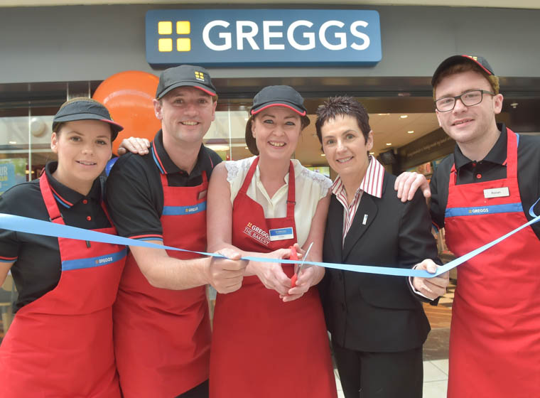 Pictured outside Greggs which has just opened  in Buttercrane Shopping Centre, Newry are Pamela Clements, Jason Eskdale, (Shop Manager),  Vivienne McCallum, Therese Clerkin  (Buttercrane Office Manager) and Ronan McAteer.