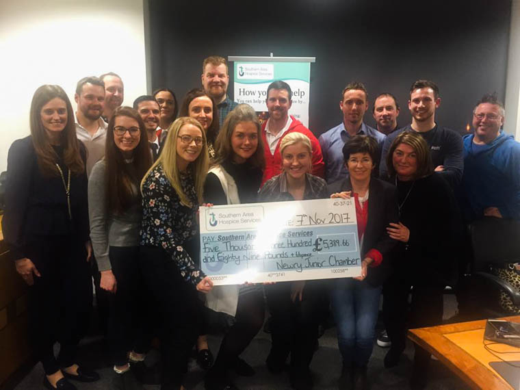 Members of the Newry Junior Chamber presenting a cheque for £5,389.66 to Grainne Mulgrew, Southern Area Hospice Services Members of the Newry Junior Chamber presenting a cheque for £5,389.66 to Grainne Mulgrew, Southern Area Hospice Services