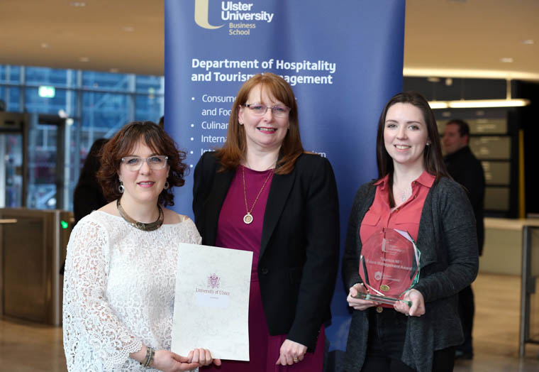 Catherine Jennings (right) and Sonya Rooney (left) receive their awards from Professor Una McMahon-Beattie, Ulster University Business School. Catherine Jennings (right) and Sonya Rooney (left) receive their awards from Professor Una McMahon-Beattie, Ulster University Business School.