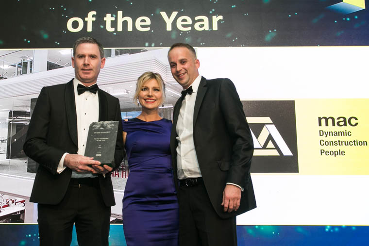 Damian Lynch, Managing Director at Etag Fixings presenting the Fit Out Contractor of the Year award to David Caulfield and Tiffany Quinn of mac-group. Damian Lynch, Managing Director at Etag Fixings presenting the Fit Out Contractor of the Year award to David Caulfield and Tiffany Quinn of mac-group.