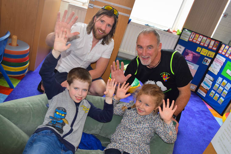 Trying out their new Pea Pods funded by Run for Autism HAND are pupils Matthew Morgan and Erin Hughes from St Joseph’s pictured with Stevey McGeown (left) and Sean Quinn, Run for Autism HAND.
