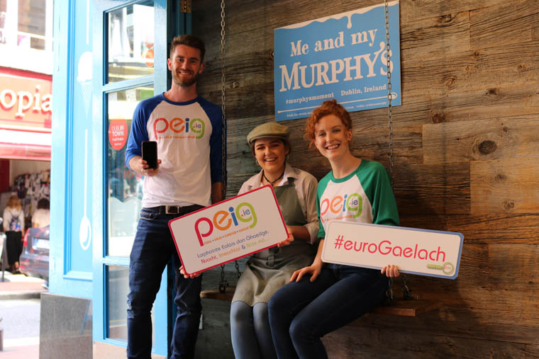 Pictured (l-r) are: PEIG team member Dáire Ó Faogáin from Dunshaughlin, Co. Meath; Jane Lynam, a Gaeilgeoir working for Murphy's Ice Cream on Wicklow Street, who registered for the app this week; and PEIG coordinator Louise Ní Fhearghail from Newbridge, Co. Kildare. Pictured (l-r) are: PEIG team member Dáire Ó Faogáin from Dunshaughlin, Co. Meath; Jane Lynam, a Gaeilgeoir working for Murphy's Ice Cream on Wicklow Street, who registered for the app this week; and PEIG coordinator Louise Ní Fhearghail from Newbridge, Co. Kildare.
