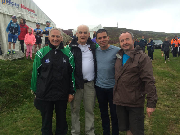 Legendary Tipperary All Ireland winning hurler Donie Nealon, Armagh GAA stalwart John Moley, former World Boxing Champion Bernard Dunne and Craobh Rua Clubman Pat McGinn who has had a lengthy association with An Poc Fada Craobh na h&Eacute;ireann, pictured at last years All Ireland Poc Fada Finals on Annaverna Mountain in County Louth. 
