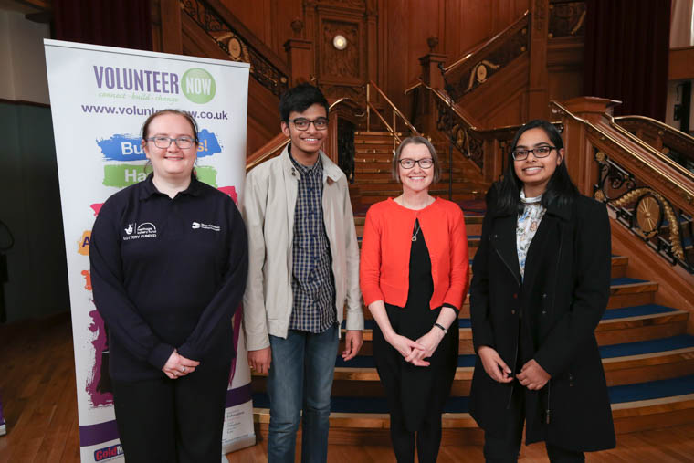 Ring of Gullion Youth Rangers, Divij and Ria Prajapati, with Volunteer Now CEO, Denise Hayward and Alison Brady, Volunteer and Outreach Officer for the Ring of Gullion Landscape Partnership, celebrating the achievement of their 200 hour Millennium Volunteer Awards at the Millennial Volunteers Award Ceremony at Titanic Belfast