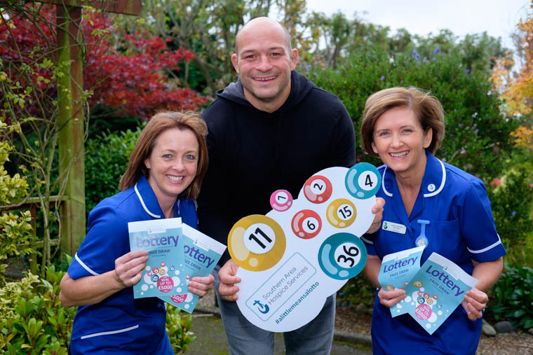 Southern Area Hospice staff nurses Lilian Tinnelly and Joanne McCann with Rory Best at the Hospice Lottery re-launch. Photograph: Columba O'Hare 