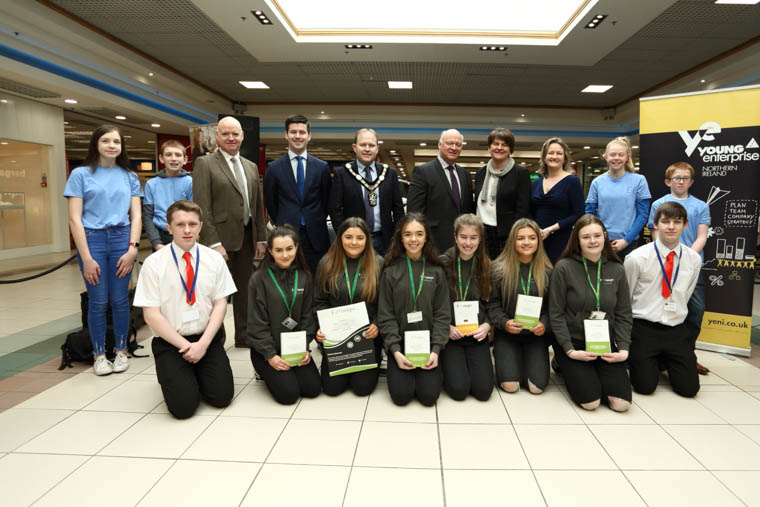 Alderman Gareth Wilson, Mayor, ABC Council with young people, organisers and politicians at Young Enterprise NI’s annual Trade Fair at Rushmere Shopping Centre. Photograph: Brendan Gallagher Alderman Gareth Wilson, Mayor, ABC Council with young people, organisers and politicians at Young Enterprise NI’s annual Trade Fair at Rushmere Shopping Centre. Photograph: Brendan Gallagher