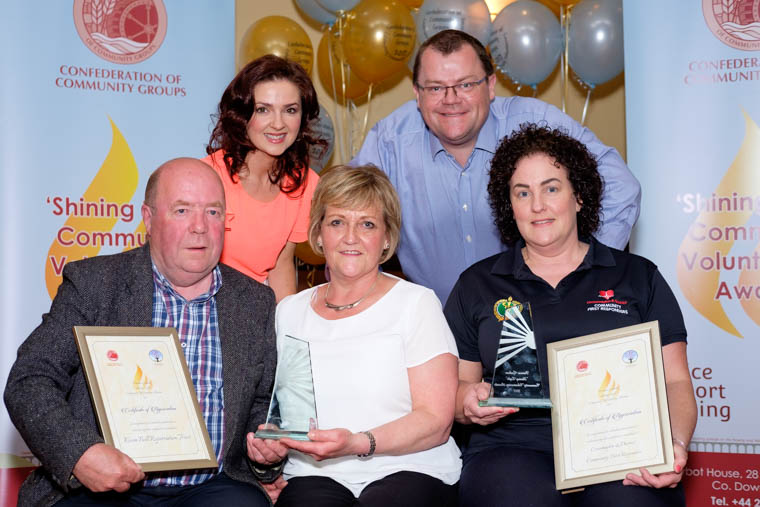 Kevin Bell Repatriation Trust and Crossmaglen and District Community First Responders were the Joint Award Recipients in the Community Projects/ Service category at the Confederation of Community Groups, Patricia Graham Shining Light Community Volunteering Awards 2017 in the Canal Court Hotel, Newry. Colin and Eithne Bell. Kevin Bell Repatriation Trust  and Aoibhean Byrne, Crossmaglen and District Community First Responders are pictured with their Shining Light Awards with Seanin Graham, family representative and Frank O'Connor, First Derivatives, sponsor. Photograph: Columba O'Hare
