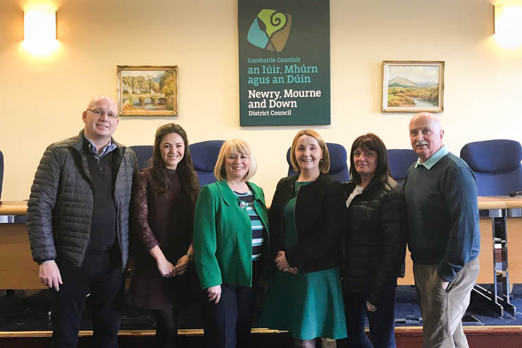 Newry, Mourne and Down Council Chairperson, Councillor Roisin Mulgrew met with representatives from Clanmil Housing Group together with local political representatives, on Monday 12 February 2018, to discuss delivering more social housing for the district. Included from left: Cllr Michael Savage, Clanmil Housing Group Development Officer Bridgeen Conlon, Group Director of Development at Clanmil Housing Group, Carol McTaggart, Newry, Mourne and Down Council Chairperson, Councillor Roisin Mulgrew, Cllr Valerie Harte and Cllr Charlie Casey. Newry, Mourne and Down Council Chairperson, Councillor Roisin Mulgrew met with representatives from Clanmil Housing Group together with local political representatives, on Monday 12 February 2018, to discuss delivering more social housing for the district. Included from left: Cllr Michael Savage, Clanmil Housing Group Development Officer Bridgeen Conlon, Group Director of Development at Clanmil Housing Group, Carol McTaggart, Newry, Mourne and Down Council Chairperson, Councillor Roisin Mulgrew, Cllr Valerie Harte and Cllr Charlie Casey.