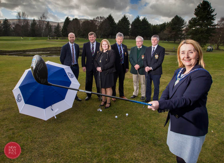 Andy Patterson, Assistant Director Tourism, Culture and Events , Kevin Stevens, Executive Officer, Golfing Union of Ireland (Ulster Branch), Marie Ward, Director Enterprise, Regeneration and Tourism, John White, Chairman Golfing Union Ireland (Ulster Branch), Austin Crawford,  Captain Kilkeel Golf Club, Raymond Duffin, Captain Warrenpoint Golf Club,  Newry, Mourne and Down District Council Chairperson Councillor Roisin Mulgrew at the launch. Photograph: NewRayPics.com
