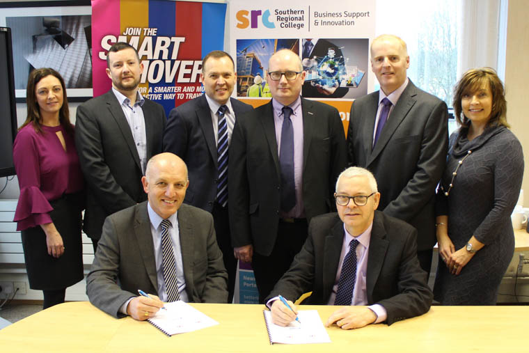 Pictured at the signing of the agreement are Ian Campbell, General Manager &ndash; Engineering (Translink) and Terry McGonigal, Director of Finance and Planning (SRC). Back row L-R: Tracy Rice, Business Support Manager (SRC), Eamon Brady, Deputy Head of School (SRC), David Carson, Technical Engineer (Translink), David Lowry, Head of Fleet Systems (Translink), Lindsay Bronte, Head of School -Construction and Engineering (SRC) and Denise Cornett, Business Development Executive (SRC).