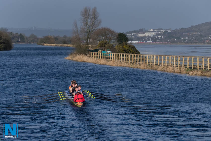 Rowers from Dublin University Boat Club competing on Newry Canal from Victoria Lock back to the Albert Basin in Newry. The Greenway on the right is almost ready for opening, just a few more weeks. Photograph: Columba O'Hare/ www.newry.ie   