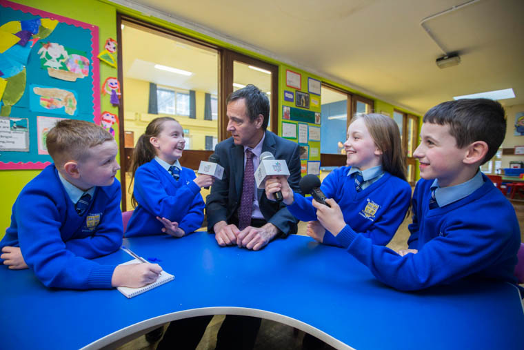 P5 pupils from St. Teresa's Primary School in Belfast, get the Balmoral Show inside scoop from Ulster Bank's Senior Agriculture Manager, Cormac McKervey. Caelin Neeson; (left), Caoimhe Conlan; Caoimhe Rice and Conor Delaney (right) helped principal sponsor Ulster Bank launch this year's schools competition in the run up to the 150th Balmoral Show. The compeition is searching for a budding young reporter who will become Ulster Bank's Official Balmoral Show correspondent. P5 pupils from St. Teresa's Primary School in Belfast, get the Balmoral Show inside scoop from Ulster Bank's Senior Agriculture Manager, Cormac McKervey. Caelin Neeson; (left), Caoimhe Conlan; Caoimhe Rice and Conor Delaney (right) helped principal sponsor Ulster Bank launch this year's schools competition in the run up to the 150th Balmoral Show. The compeition is searching for a budding young reporter who will become Ulster Bank's Official Balmoral Show correspondent.