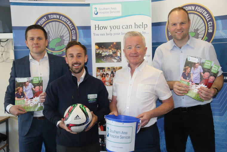 Pictured are Connaire McGreevy, Micky McGivern and Brian Reid from Warrenpoint Club along with James McCaffrey from the Southern Area Hospice