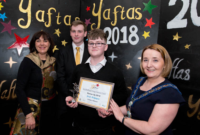 Josef McGuigan - Runner Up Inspirational Young Person Award - Included in photo Esther Millar, Education Authority, Roisin Mulgrew, Chairperson, Newry, Mourne and Down District Council and Christopher Dunne, Specsavers (Sponsor of Category) Josef McGuigan - Runner Up Inspirational Young Person Award - Included in photo Esther Millar, Education Authority, Roisin Mulgrew, Chairperson, Newry, Mourne and Down District Council and Christopher Dunne, Specsavers (Sponsor of Category)
