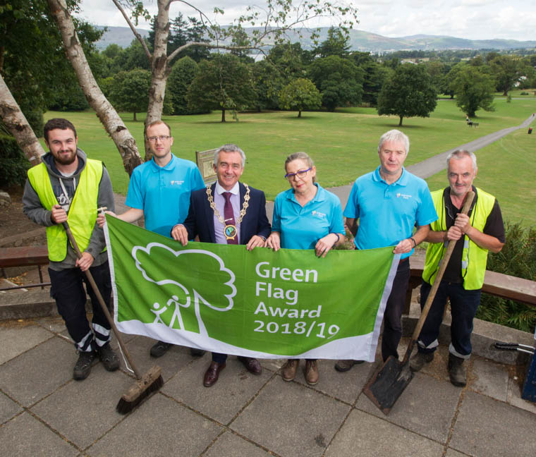 Newry, Mourne and Down District Council Chairman, Councillor Mark Murnin celebrates the awarding of a Green Flag to Kilbroney Forest Park with ground keepers Aidan McParland and Brendan Fearon, and Kilbroney Park Rangers Mark Quinn, Deidre Killen and Kieran McAufield. Newry, Mourne and Down District Council Chairman, Councillor Mark Murnin celebrates the awarding of a Green Flag to Kilbroney Forest Park with ground keepers Aidan McParland and Brendan Fearon, and Kilbroney Park Rangers Mark Quinn, Deidre Killen and Kieran McAufield.