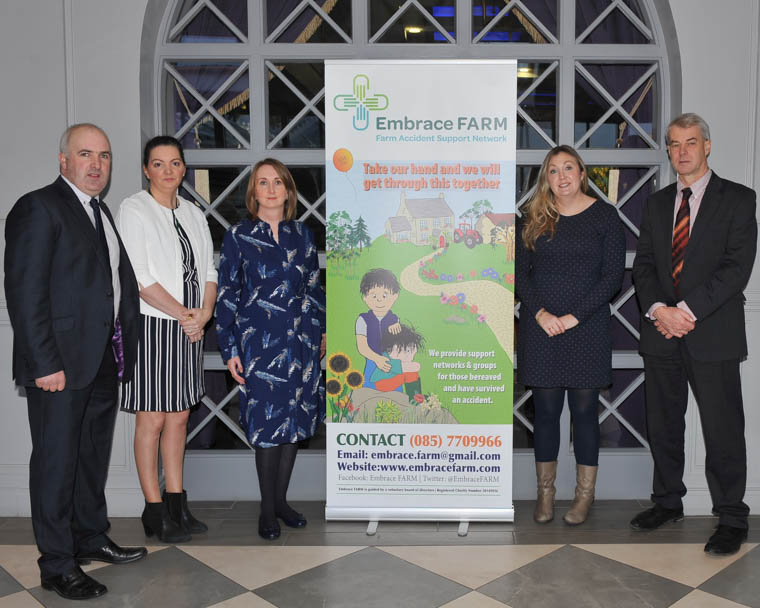 Highlighting the Embrace farm remembrance service are from left, are Brian and Norma Rohan, founders of Embrace Farm with speaker Majella Philpott, Mallow, Embrace Farm volunteer (her father died in a farm accident) Olivia Shiel, Chronic Pain Ireland and Paul Maloney, AIB Bank, Portlaoise. Photograph: Roger Jones Highlighting the Embrace farm remembrance service are from left, are Brian and Norma Rohan, founders of Embrace Farm with speaker Majella Philpott, Mallow, Embrace Farm volunteer (her father died in a farm accident) Olivia Shiel, Chronic Pain Ireland and Paul Maloney, AIB Bank, Portlaoise. Photograph: Roger Jones