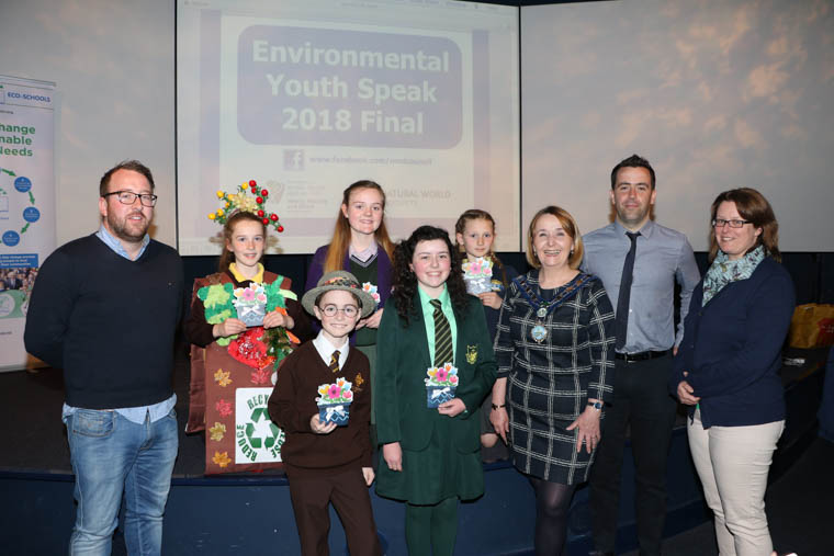 Winners in Newry, Mourne and Down District Council's Environmental Youth Speak 2018 Final held in St Patrick's Centre Downpatrick.front row l-r Sponsor Daniel Murray National World Products, Junior Section Winner Conor Hale, St Joseph's Primary School, Carnacaville, Senior Section Winner Alannah Geoghegan, Sacred Heart Graammar School, Newry, Chairperson NMDDC,Councillor Roisin Mulgrew, Ciaron Og Mussen Sustainability Officer NMDDC, Ruth Van Rye Eco Schools Co-ordinator, back row l-r Junior Section joint runner-up, Niamh Corrigan St. Malachy's Primary School Camlough, Senior Section runner-up, Lucy Sloan, St Louis Grammar School, Kilkeel and Junior Section joint runner-up, Jana Pobloth All Children's Primary School Newcastle. Winners in Newry, Mourne and Down District Council's Environmental Youth Speak 2018 Final held in St Patrick's Centre Downpatrick.front row l-r Sponsor Daniel Murray National World Products, Junior Section Winner Conor Hale, St Joseph's Primary School, Carnacaville, Senior Section Winner Alannah Geoghegan, Sacred Heart Graammar School, Newry, Chairperson NMDDC,Councillor Roisin Mulgrew, Ciaron Og Mussen Sustainability Officer NMDDC, Ruth Van Rye Eco Schools Co-ordinator, back row l-r Junior Section joint runner-up, Niamh Corrigan St. Malachy's Primary School Camlough, Senior Section runner-up, Lucy Sloan, St Louis Grammar School, Kilkeel and Junior Section joint runner-up, Jana Pobloth All Children's Primary School Newcastle.