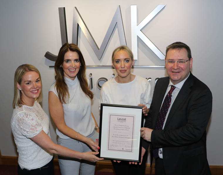 JMK Solicitors have received their Lexcel Quality Mark. Michele McGahan Quality Compliance Manager, Maurece Hutchinson Managing Director, Olivia Meehan Legal Services Director and Jonathan McKeown Chairman JMK Solicitors gain Lexcel Practice Management Standards, Law Society of Northern Ireland Accredited. JMK Solicitors have received their Lexcel Quality Mark. Michele McGahan Quality Compliance Manager, Maurece Hutchinson Managing Director, Olivia Meehan Legal Services Director and Jonathan McKeown Chairman JMK Solicitors gain Lexcel Practice Management Standards, Law Society of Northern Ireland Accredited.