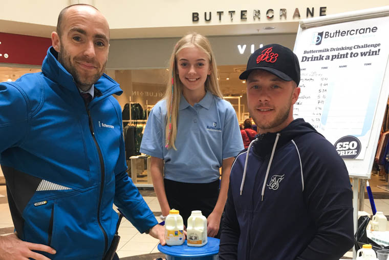 Jordan pictured with James Loughran Operations Manager and Buttercrane helper Brid. Jordan pictured with James Loughran Operations Manager and Buttercrane helper Brid.