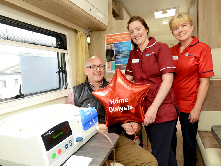 Patient Ronan Duffy from Newry who demonstrated home dialysis today at the Daisy Hill Roadshow along with Sarah Flanagan, Renal Home Therapies Specialist Nurse and Sr Fiona Owens, Renal Home Therapies Manager. Patient Ronan Duffy from Newry who demonstrated home dialysis today at the Daisy Hill Roadshow along with Sarah Flanagan, Renal Home Therapies Specialist Nurse and Sr Fiona Owens, Renal Home Therapies Manager.