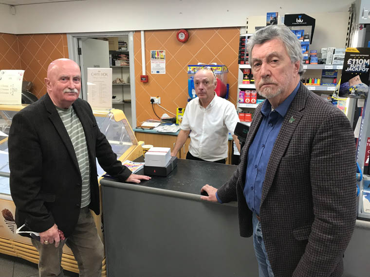 Cllr Charlie Casey, Business owner Charles Armstrong and Newry & Armagh MP Mickey Brady 