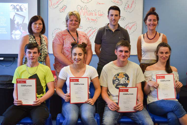 Participants from Prince’s Trust Team Programme receiving their certificates. Front row: Brandon Brown, Cara Mathers, Crystal Goddard and Jamie Hynes Back Row: Carolyn Davison, SRC Assistant Director, Elaine Nesbitt, SRC Head of School, Ryan McMullan Prince’s Trust Progression Officer and Emma Cowan, Prince’s Trust Assistant Team Leader. Participants from Prince’s Trust Team Programme receiving their certificates. Front row: Brandon Brown, Cara Mathers, Crystal Goddard and Jamie Hynes Back Row: Carolyn Davison, SRC Assistant Director, Elaine Nesbitt, SRC Head of School, Ryan McMullan Prince’s Trust Progression Officer and Emma Cowan, Prince’s Trust Assistant Team Leader.