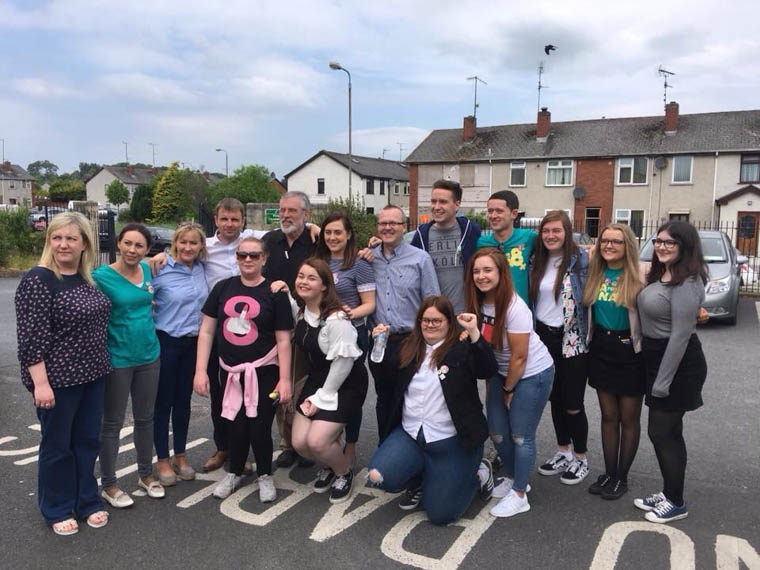 Newry & Armagh MLA Megan Fearon, MLA, Gerry Adams TD, Louth Cllr Ruairí Ó Murchú pictured with campaigners outside the count centre in Dundalk Newry & Armagh MLA Megan Fearon, MLA, Gerry Adams TD, Louth Cllr Ruairí Ó Murchú pictured with campaigners outside the count centre in Dundalk