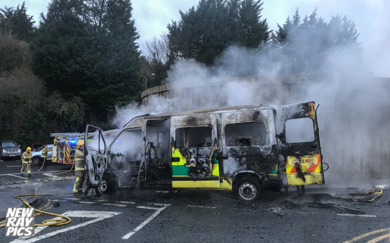 The ambulance was extensively damaged at the entrance to the car park at Daisy Hill. Photograph: NewRayPics.com The ambulance was extensively damaged at the entrance to the car park at Daisy Hill. Photograph: NewRayPics.com