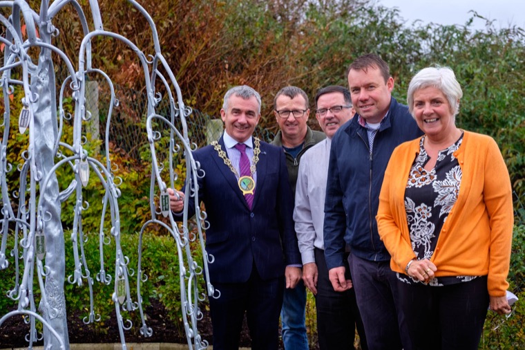 Pictured at the launch are from left: Chair of NMDDC, Cllr Mark Murnin, Phil McLoughlin, Hospice Gardener, Rev. Matthew Hagan, Hospice Chaplain, Paul McKeown, Iron Designs Armagh and Liz Cuddy OBE, CEO Southern Area Hospice.