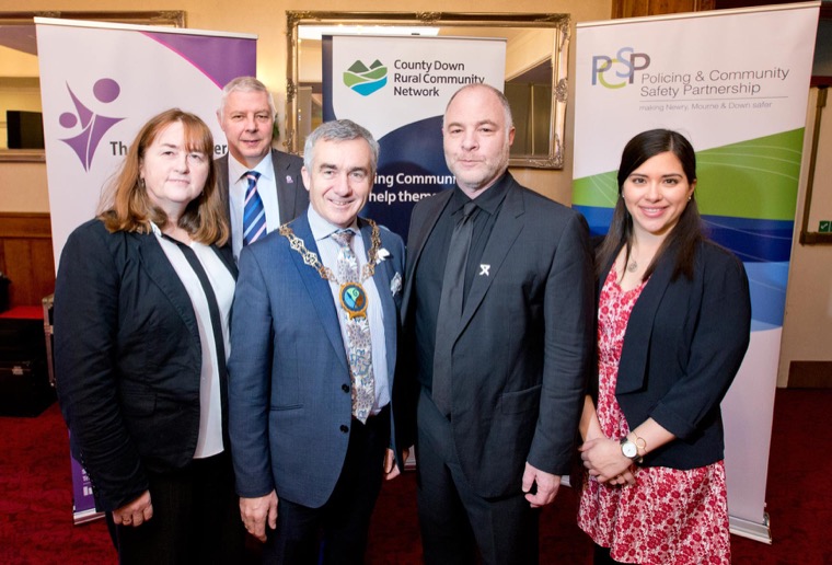 Pictured at the conference were from left: Sheila Simons, Chairperson, South Eastern Domestic and Sexual Violence Partnership; Cllr Robert Burgess, Chairperson, Policing and Community Safety; Newry, Mourne and Down District Council Chairman, Councillor Mark Murnin; guest speaker Jackson Katz, and Jennifer Guzman from Vital Voices. Pictured at the conference were from left: Sheila Simons, Chairperson, South Eastern Domestic and Sexual Violence Partnership; Cllr Robert Burgess, Chairperson, Policing and Community Safety; Newry, Mourne and Down District Council Chairman, Councillor Mark Murnin; guest speaker Jackson Katz, and Jennifer Guzman from Vital Voices.