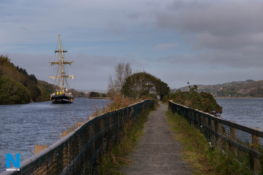 Tall Ship La Malouine heading up Newry Ship Canal this morning bound for Newry with the Newry stretch of the Carlingford Lough Greenway running between the canal and the Clanrye River. Photograph: Columba O'Hare/ Newry.ie 