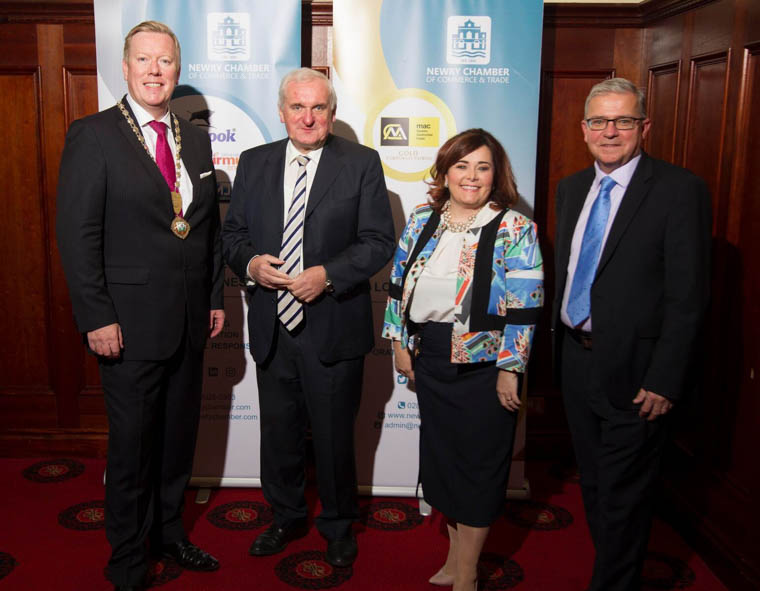 Former Taoiseach Bertie Ahern was keynote speaker at the Chamber’s annual dinner and is pictured with Newry Chamber President Paul Convery, Michelle Boyle, Mac Construction and Colm Shannon, Chief Executive Officer, Newry Chamber of Commerce and Trade. Former Taoiseach Bertie Ahern was keynote speaker at the Chamber’s annual dinner and is pictured with Newry Chamber President Paul Convery, Michelle Boyle, Mac Construction and Colm Shannon, Chief Executive Officer, Newry Chamber of Commerce and Trade.