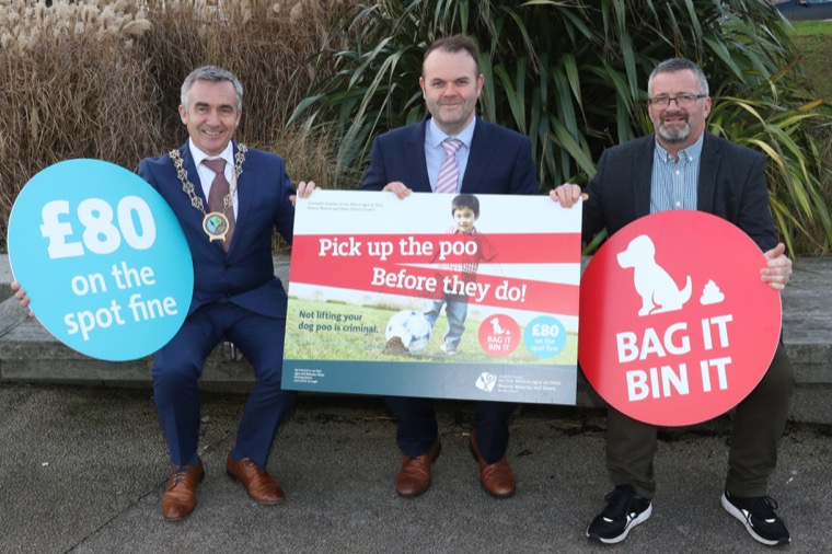 Newry, Mourne and Down District Council Chairman, Councillor Mark Murnin launches a new campaign to tackle dog fouling in the district with Roland Moore, Director of Neighbourhood Services and John Rice, Vice Chair of Regulatory & Technical Services Committee. Newry, Mourne and Down District Council Chairman, Councillor Mark Murnin launches a new campaign to tackle dog fouling in the district with Roland Moore, Director of Neighbourhood Services and John Rice, Vice Chair of Regulatory & Technical Services Committee.