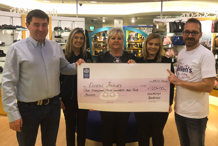 Peter McVeigh, left, of Donaghys, Banbridge presents a cheque for the money raised to Paddy Treanor (Ellen’s Father) at the recent Ladies Night held in aid of Ellen’s Journey. Also pictured are Beth McDaniel (Sales Assistant) Sheila Barry (General Manager) and Chloe Gibson (Sales Assistant) Peter McVeigh, left, of Donaghys, Banbridge presents a cheque for the money raised to Paddy Treanor (Ellen’s Father) at the recent Ladies Night held in aid of Ellen’s Journey. Also pictured are Beth McDaniel (Sales Assistant) Sheila Barry (General Manager) and Chloe Gibson (Sales Assistant)