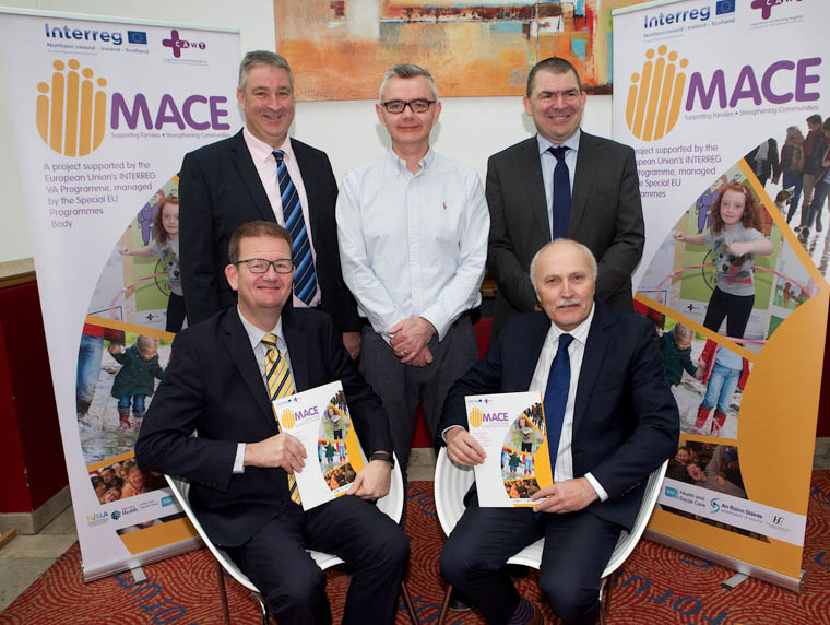 Southern Health and Social Care Trust attendees at the recent cross border CAWT EU INTERREG VA MACE Project launch and conference. Front from left: Shane Devlin, Chief Executive, Southern Health and Social Care Trust and Paul Morgan, Director of Childrens Services, SHSCT. Back from left: Martin Quinn, Childrens Safeguarding Officer, Health and Social Care Board; Sean McGrory, MACE Project Manager and Maurice Meehan, Health and Social Wellbeing Improvement Manager, Public Health Agency. Photograph: Tom Heaney, nwpresspics Southern Health and Social Care Trust attendees at the recent cross border CAWT EU INTERREG VA MACE Project launch and conference. Front from left: Shane Devlin, Chief Executive, Southern Health and Social Care Trust and Paul Morgan, Director of Childrens Services, SHSCT. Back from left: Martin Quinn, Childrens Safeguarding Officer, Health and Social Care Board; Sean McGrory, MACE Project Manager and Maurice Meehan, Health and Social Wellbeing Improvement Manager, Public Health Agency. Photograph: Tom Heaney, nwpresspics