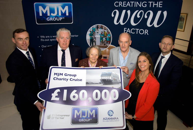 Nine local and national charities were the recipients of £160,000 which was raised by MJM Group who organised a Charity Cruise on board the Azamara Pursuit following it’s historic refit in Belfast. MJM Group were supported by Azamara Club Cruises and EY Entrepreneur Of the Year. The charities who benefited from the money are Cuan Mhuire, Pieta House, Mercy Ships, PIPS Hope and Support, Clic Sargent, RNLI, Tinylife, Carcullion Gateway in Hilltown and Newry Gateway. Pictured at the cheque presentation event are (l to r) Rob Heron, Partner Lead for the EY Entrepreneur of the Year Programme, Brian McConville, Chairman MJM Group, Sr Consilio, founder of Cuan Mhuire, Eamonn Duignan, Head of Finance for Pieta House, Charlene Cree, Corporate Partnership Manager for Mercy Ships and Gary Annett, CEO MJM Group. Nine local and national charities were the recipients of £160,000 which was raised by MJM Group who organised a Charity Cruise on board the Azamara Pursuit following it’s historic refit in Belfast. MJM Group were supported by Azamara Club Cruises and EY Entrepreneur Of the Year. The charities who benefited from the money are Cuan Mhuire, Pieta House, Mercy Ships, PIPS Hope and Support, Clic Sargent, RNLI, Tinylife, Carcullion Gateway in Hilltown and Newry Gateway. Pictured at the cheque presentation event are (l to r) Rob Heron, Partner Lead for the EY Entrepreneur of the Year Programme, Brian McConville, Chairman MJM Group, Sr Consilio, founder of Cuan Mhuire, Eamonn Duignan, Head of Finance for Pieta House, Charlene Cree, Corporate Partnership Manager for Mercy Ships and Gary Annett, CEO MJM Group.