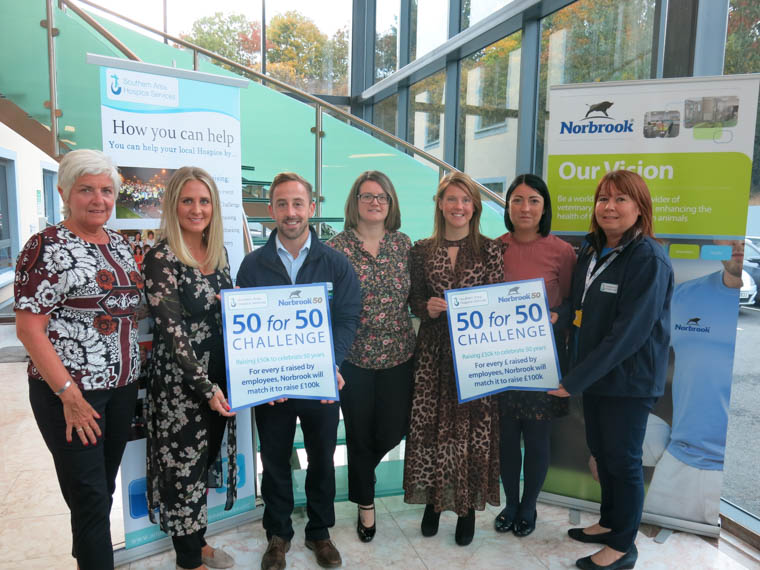 Launching 50 for 50 at Norbrook were from left: Liz Cuddy OBE, CEO of Southern Area Hospice Services, Emma O’Brien, Norbrook, James McCaffrey, SAHS, Colleen Rooney, Elaine McCullough and Deborah Curran, Norbrook, with Majella Gollogly, SAHS. Launching 50 for 50 at Norbrook were from left: Liz Cuddy OBE, CEO of Southern Area Hospice Services, Emma O’Brien, Norbrook, James McCaffrey, SAHS, Colleen Rooney, Elaine McCullough and Deborah Curran, Norbrook, with Majella Gollogly, SAHS.