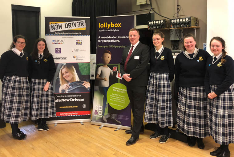 Stephen Savage from New Driver NI with Marie-Therese McCartan, Ciara Maginness, Emily Rice, Lauren Ward and Claire O&rsquo;Keefe from Our Lady&rsquo;s Grammar School, Newry. 