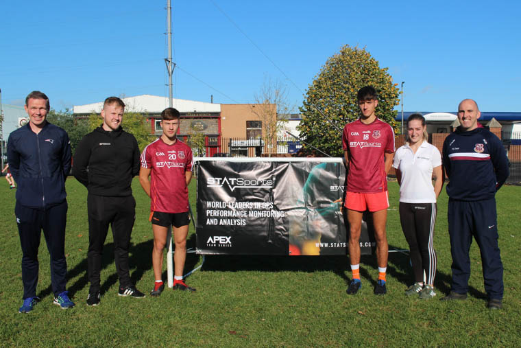 Launching the new St Paul's MacRory kit are from left Barry Shannon, Dermot Cadogan (Statsports), Ryan Hughes (Vice captain), Eoin Woods (Captain), Aoife Traynor (STATSports) and Martin O Rourke.