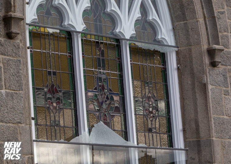Damage to the church window. Photographs: NewRayPics.com Damage to the church window. Photographs: NewRayPics.com