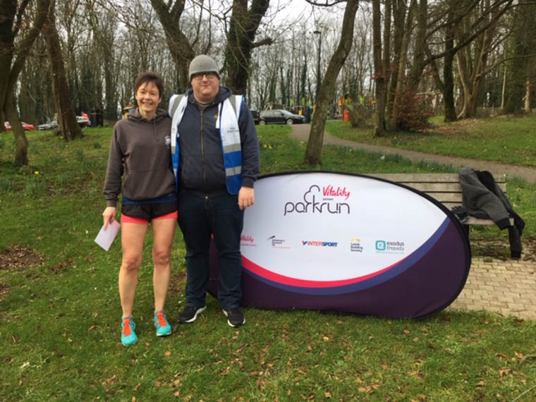 Joanne McCauley with Race Director, Gary Albin, celebrating her 100th Parkrun Milestone at Armagh Parkrun 