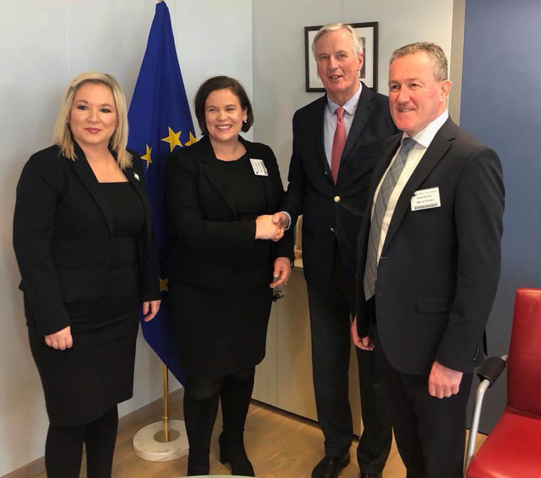 Michelle O'Neill, Mary Lou McDonald and Conor Murphy meet Michel Barnier to discuss the continuing British Brexit chaos. Michelle O'Neill, Mary Lou McDonald and Conor Murphy meet Michel Barnier to discuss the continuing British Brexit chaos.