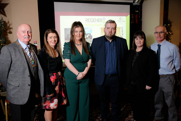 Chairperson of Newry and Mourne District Council, Councillor Charlie Casey is joined by Manager of Youth & Family Service at Clanrye Group Dara O’Hagan, Participants, Caoimhe Quinn and Connor McClorey, Rural Action, Olga Gallagher and Tony McAleer from Regener8. The group gathered at Bellini’s in Newry to celebrate another year of achievements through the ‘Regener8’ project. Chairperson of Newry and Mourne District Council, Councillor Charlie Casey is joined by Manager of Youth & Family Service at Clanrye Group Dara O’Hagan, Participants, Caoimhe Quinn and Connor McClorey, Rural Action, Olga Gallagher and Tony McAleer from Regener8. The group gathered at Bellini’s in Newry to celebrate another year of achievements through the ‘Regener8’ project.