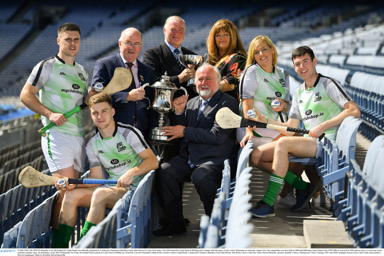 Launching the 2019 M Donnelly Poc Fada All Ireland Final Launch at Croke Park in Dublin are, from left, Current Champion Cillian Kelly, Leinster winner Cathal Kelly, Uachtaráin Cumann Lúthchleas Gael John Horan, Tom Ryan, Chair, Coiste Poc Fada, Martin Donnelly, sponsor, Jennifer Cultra, Chairperson, Ulster Camogie, 2017 and 2018 Champion Susan Earner and Louth representative Darren Geoghegan. Photograph: Brendan Moran/Sportsfile