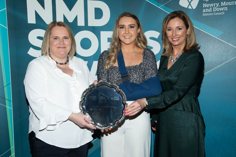 Marie Ward, Chief Executive, Newry, Mourne and Down District Council presents the Junior Sportsperson of the Year 2019 award to Aislinn McMahon, Crossmaglen Rangers Gaelic Football Club. Included is awards host Claire McCollum.