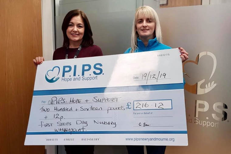 Allison Slater (First Steps Day Care Nursery) presenting PIPS Hope and Support’s Manager Dympna Maguire with the Cheque. Allison Slater (First Steps Day Care Nursery) presenting PIPS Hope and Support’s Manager Dympna Maguire with the Cheque.