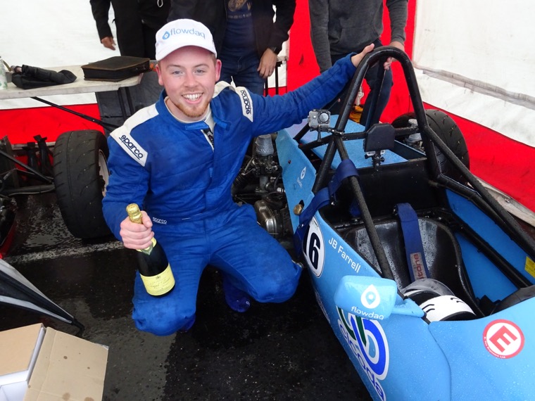 J.B. Farrell celebrates his first Formula Vee win at Mondello Park. J.B. Farrell celebrates his first Formula Vee win at Mondello Park.