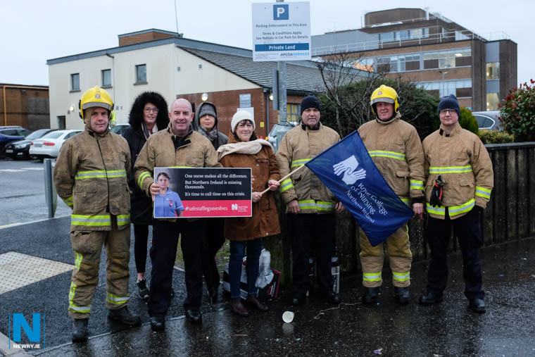 Nursing staff are joined by members of NI Fire and Rescue Service on the picket line at Daisy Hill Hospital today. Photograph: Columba O'Hare/ Newry.ie Nursing staff are joined by members of NI Fire and Rescue Service on the picket line at Daisy Hill Hospital today. Photograph: Columba O'Hare/ Newry.ie