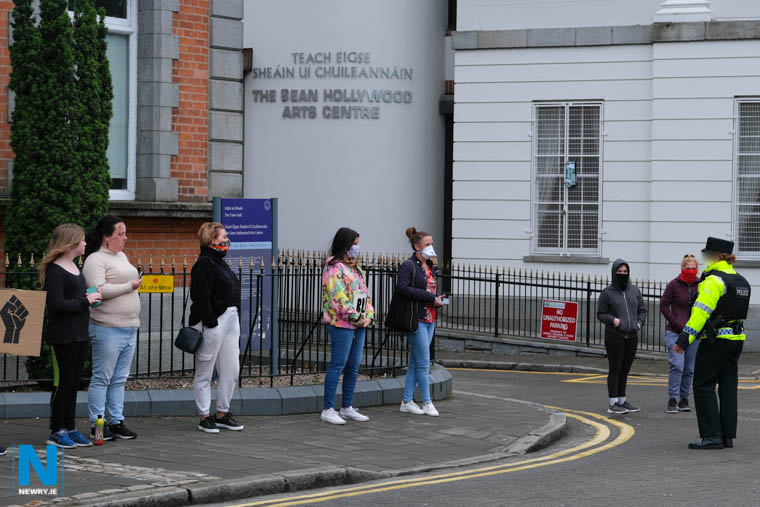 A police officer speaks to protestors at Newry Town Hall who had come out in support of the Black Lives Matter campaign after the killing of George Floyd in America.  Photograph: Columba O'Hare/ Newry.ie