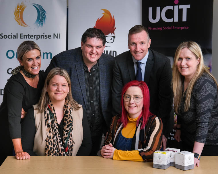 Centred Soul represented by Rosemary Deans,  front right, was the winner of the Social Enterprise NI Pitching Event Newry and Mourne. Runner up was Davina' Ark represented by Ciara Jane Devlin, front left. Also included back from left are: Carol Cox, Social Enterprise Advisor, Newry and Mourne Enterprise Agency; David Arthurs, Business Development Executive, Social Enterprise NI; Phelim Sharvin, NI Assistant Director, UCIT and Amanda Johnston, Operations and Membership Manager, Social Enterprise NI.  The event was sponsored  by UCIT, O'Neill Developments and supported by NMEA. Photograph: Columba O'Hare/ Newry.ie